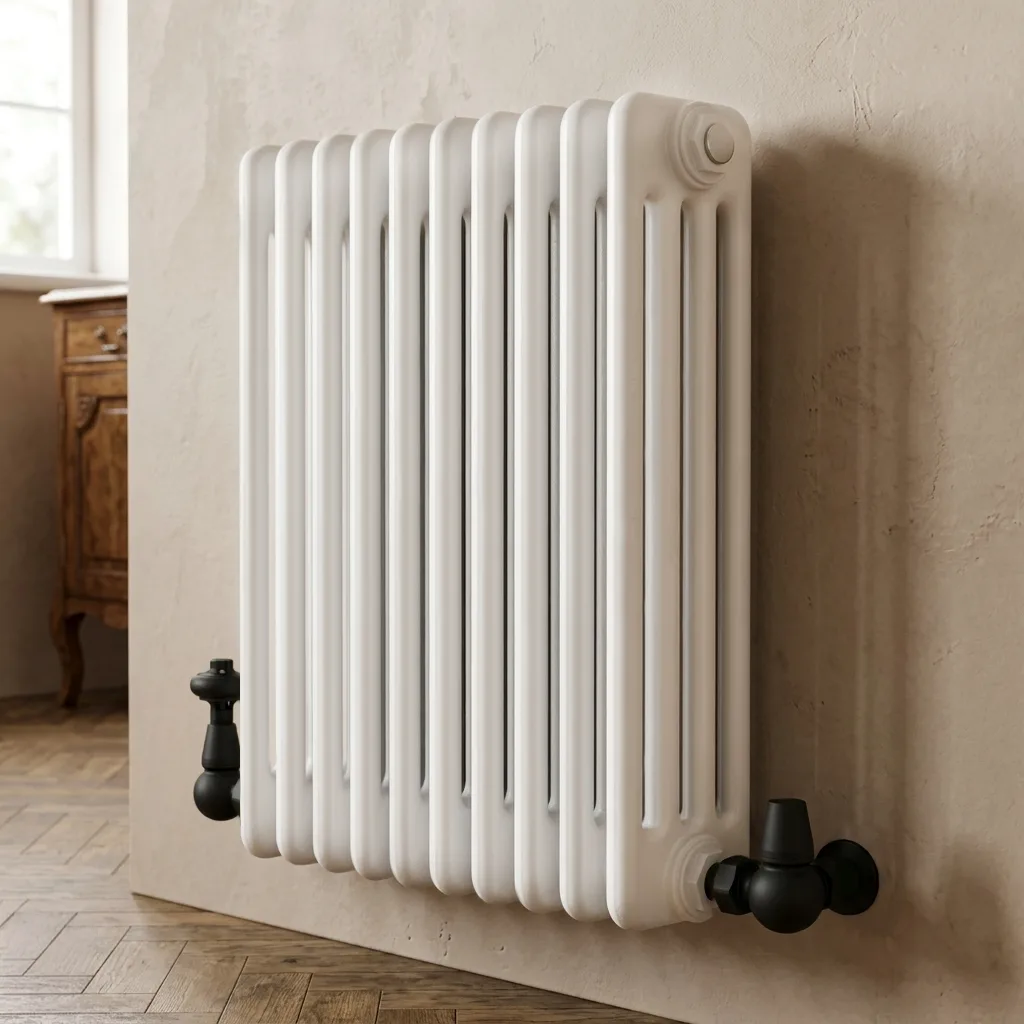 Four column radiator in a white room